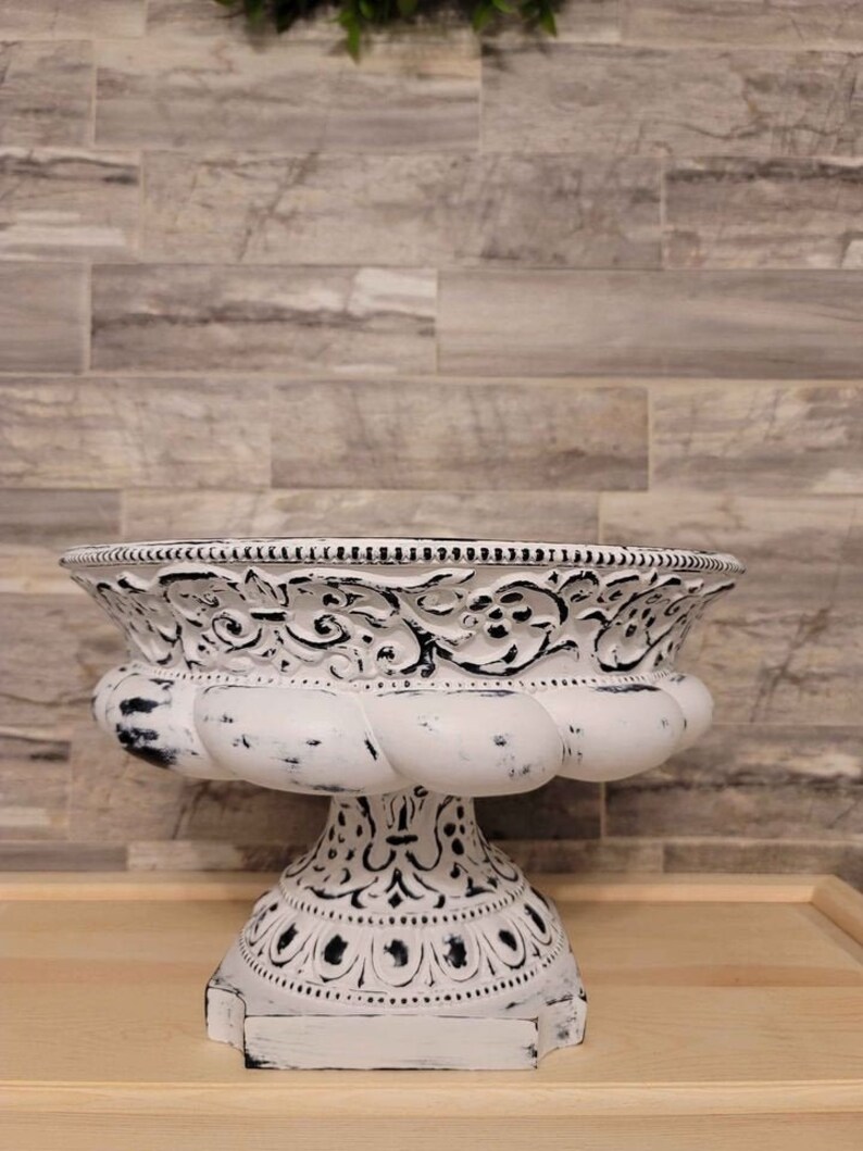 White distressed pedestal bowl. Farmhouse decor Etsy