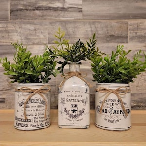 Set of three decorative handcrafted antique looking mini jars. Vintage Farmhouse home decor. Tiered tray decor.