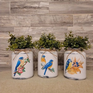 Decorative handcrafted glass jars/vases with blue birds. Farmhouse  country home decor.