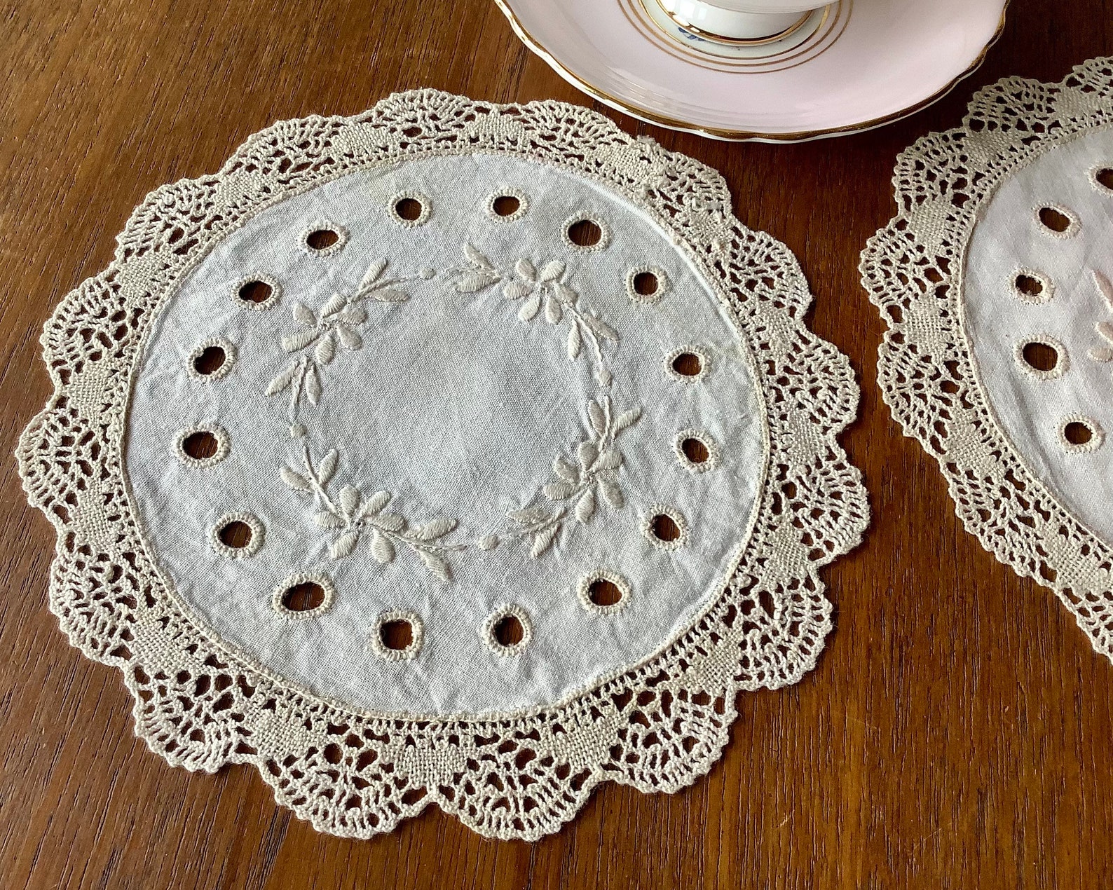 Pair of Linen Lace Doilies. Side Table Placemat or Centre Etsy