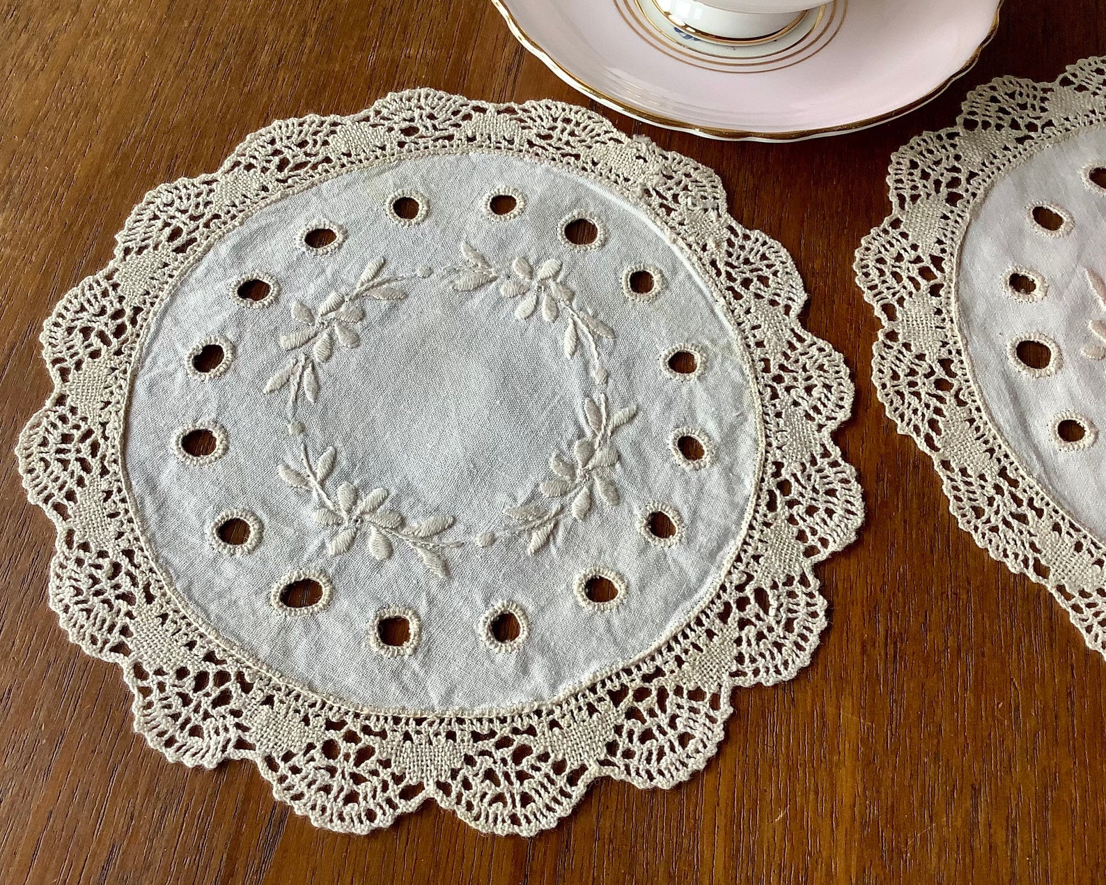Pair Of Linen Lace Doilies Side Table Placemat Or Centre Etsy