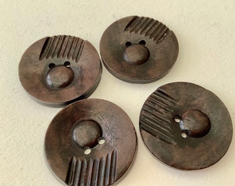 Vintage plastic buttons. Unusual facial image. 4 large brown buttons from 1960s. Abstract textured button. Crafts, jewellery making.