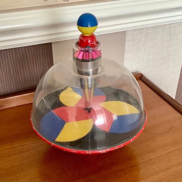 Vintage Spinning top. Humming top. Baby toddler toy. Hand to eye coordination toy. Colourful playroom toys for pre school age child.