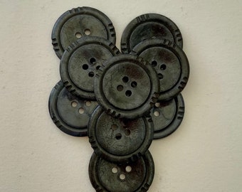 Large flat vintage plastic buttons. Group lot 9 dark grey buttons from 1960s. Abstract circular edged design.  Crafts, jewellery making.