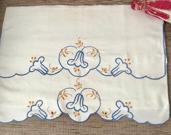 Two decorative Blue on White embroidered remnant trim. Vintage linen pillow case ends. Victorian-Edwardian linen. Flowered trim.