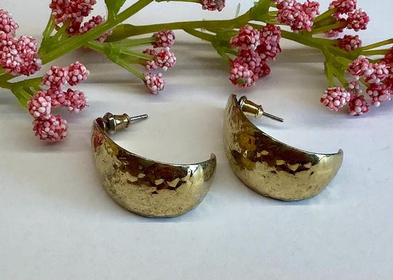 Large gold plated half hoop stud earrings. Wide s… - image 2