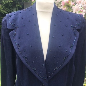 1940's Wool Jacket union made uk 12-14,us8-10.WW2 Midnight Blue,Shawl Collar, Beaded Jacket. Union Made in USA.VE Day,1940's Clothing
