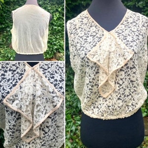 1930s lace Top with neck ruffle.M. Pretty Vintage antique lace top. Cream Lace Sleeveless Top image 1