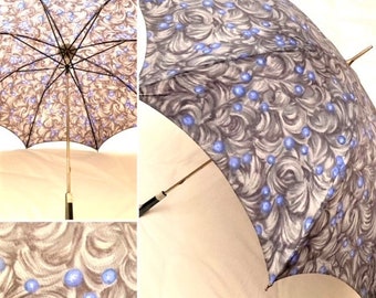 Vintage Umbrella, F Scales, British Made, Mid Century /Vintage Ladies Umbrella. Blue/Grey Printed Nylon Umbrella with Lucite Handle