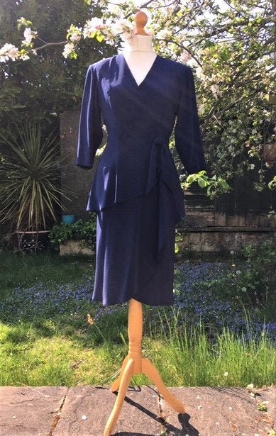 Image of 's Does 's Peplum Dress.uk, Us  Vintage Tom Bowker Designer Dress. Navy Blue, Drapey Wrap Style Smart Dress, Swishy Tea Dance