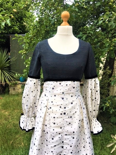 Image of 's Boho Gown/Prom Dress Uk , Us . Dramatic Silk Maxi Black & Ivory Vintage Balloon/Poet Sleeves, Cruella De Vil,  Dalmatians