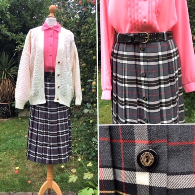Image of S Preppy Plaid Pleated Skirt, S. Vintage Tartan Button Through Midi Length Grey Plaid, Grunge, Campus Style, Geek Chic