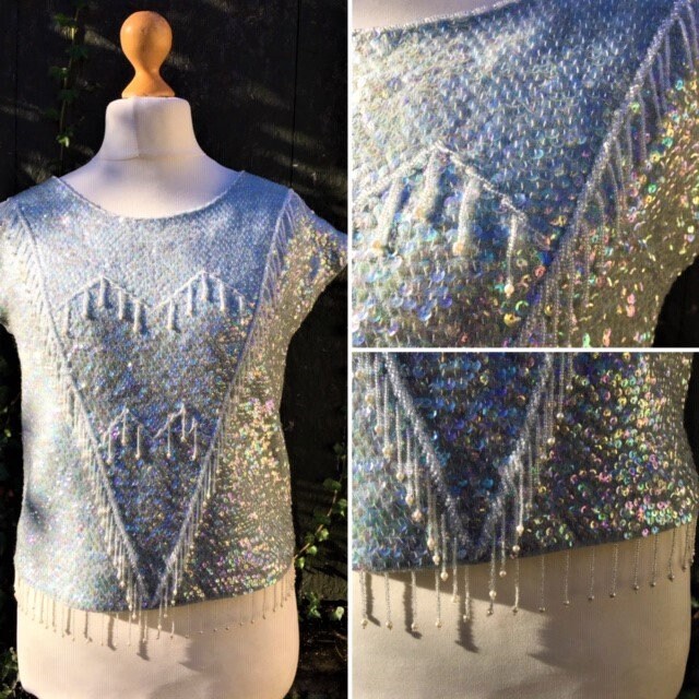 Image of 's Beaded Go-Go Top. M. Vintage Ice Blue, Sparkly Sequinned Knitted Top With Fringe & Pearls.iconic Swinging Sixties Top