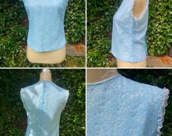 1960s, Mod Lace Button Back Sleeveless Lace Shell Top. S.Sky Blue Janet Cotton Top.