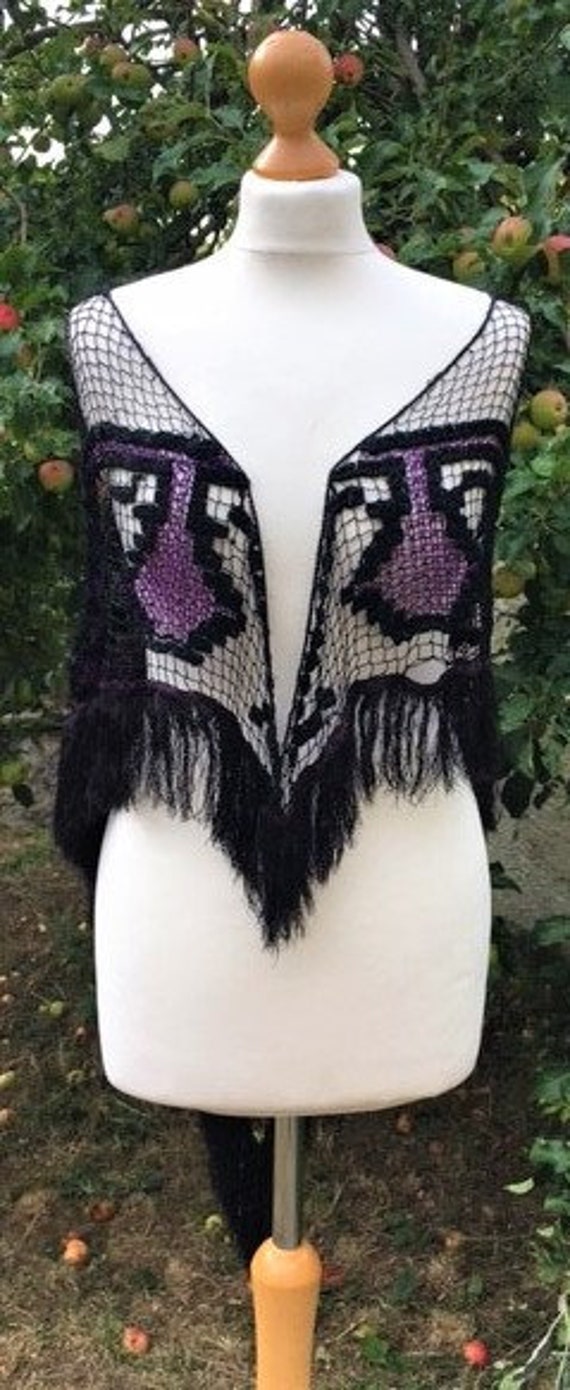 Antique /Victorian Fringed Shawl. Black/Purple Cro