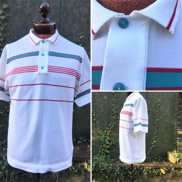 Image of 1970S Mod Mens' Polo Shirt .m.vintage Knitted Stripe Polyester Knit, Fully Fashioned. Made in England. Retro Sportswear.1970S T-Shirt
