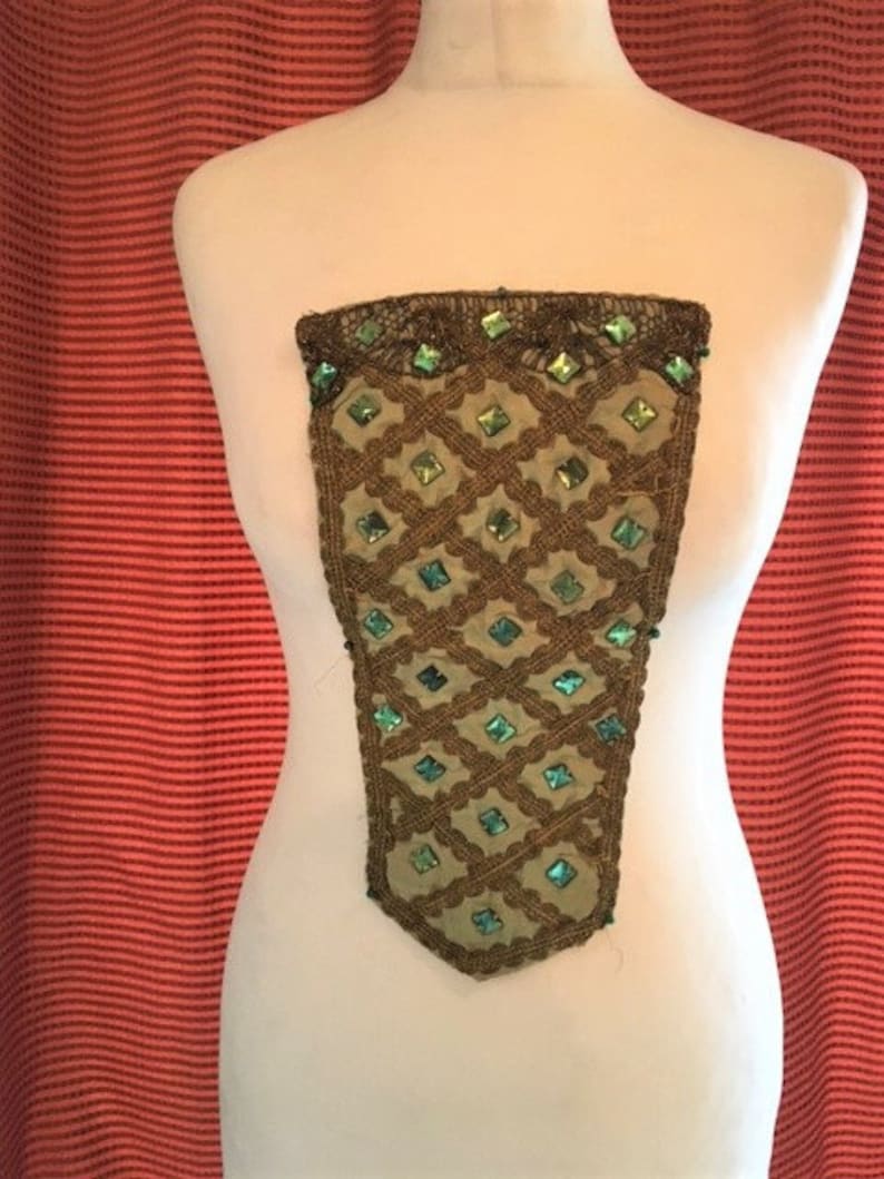 Antique Stomacher. Bodice Front,Embellished Green and Gold, 18th Century , Harlots, Maid Marion/Courtier Dress Panel.Costume Panel. image 1