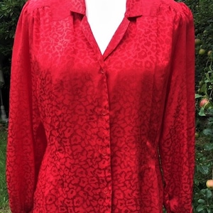 May include: A red long-sleeved blouse with a leopard print pattern. The blouse has a collared neckline and button closure.