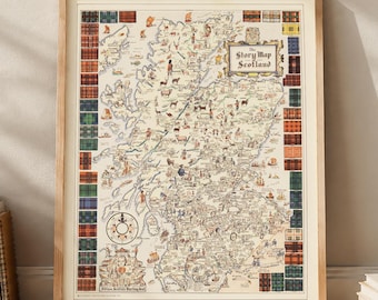 Mapa Szkocji z 1935 roku, plakat w kratę klanową, obrazkowa sztuka ścienna z historią Szkocji, prezent dla podróżnika