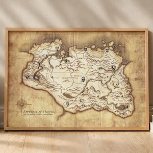 Mapa vintage de Skyrim, pôster de fantasia de Tamriel, arte de parede de videogame antigo, decoração retrô para jogos, presente para gamers.