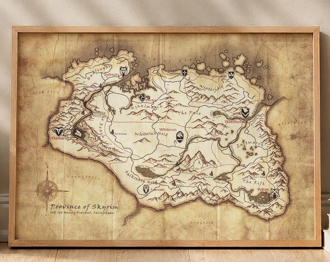 Vintage Skyrim Map Print Tamriel Fantasy Poster Antique Video Game Wall Art Retro Gaming Decor Gift for Gamer