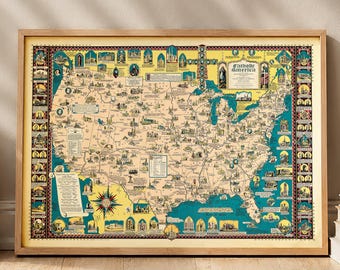 Vintage katholische Amerika Karte Druck - historisches religiöses US-Geschichtsplakat - antike christliche Wandkunst - katholisches Geschenk