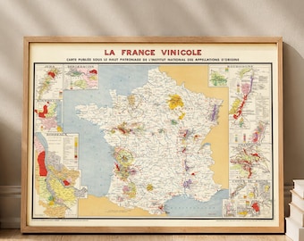 Stampa vintage della mappa dei vini francesi - Poster La France Vinicole - Decorazione murale storica dei vigneti - Regalo per gli amanti del vino