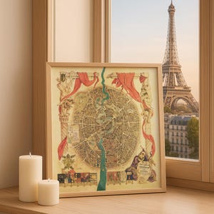 Peut inclure: Une carte vintage encadrée avec un design circulaire détaillé, représentant une rivière et diverses illustrations. La carte est dans un cadre en bois clair, avec des accents de draperie rouge. Deux bougies blanches sont devant le cadre, et la Tour Eiffel est visible par une fenêtre.