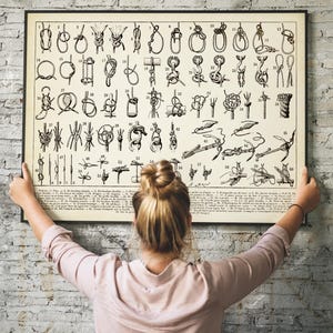 May include: A framed vintage nautical knot poster with numerous illustrations of various knots. The poster is in black and white, with a cream-colored background. The poster is held up by a person.