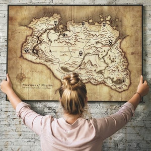 Impression de carte de Skyrim – affiche de style vintage de la province de Skyrim Elder Scrolls V, art mural jeu fantastique, décoration Tamriel