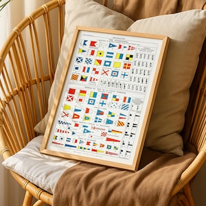 May include: A framed nautical chart featuring international maritime signal flags. The chart, with a light wood frame, displays various colorful flags and symbols, resting on a wicker chair with pillows and a brown blanket. The text "NAVIGATION CODE INTERNATIONAL" is visible.