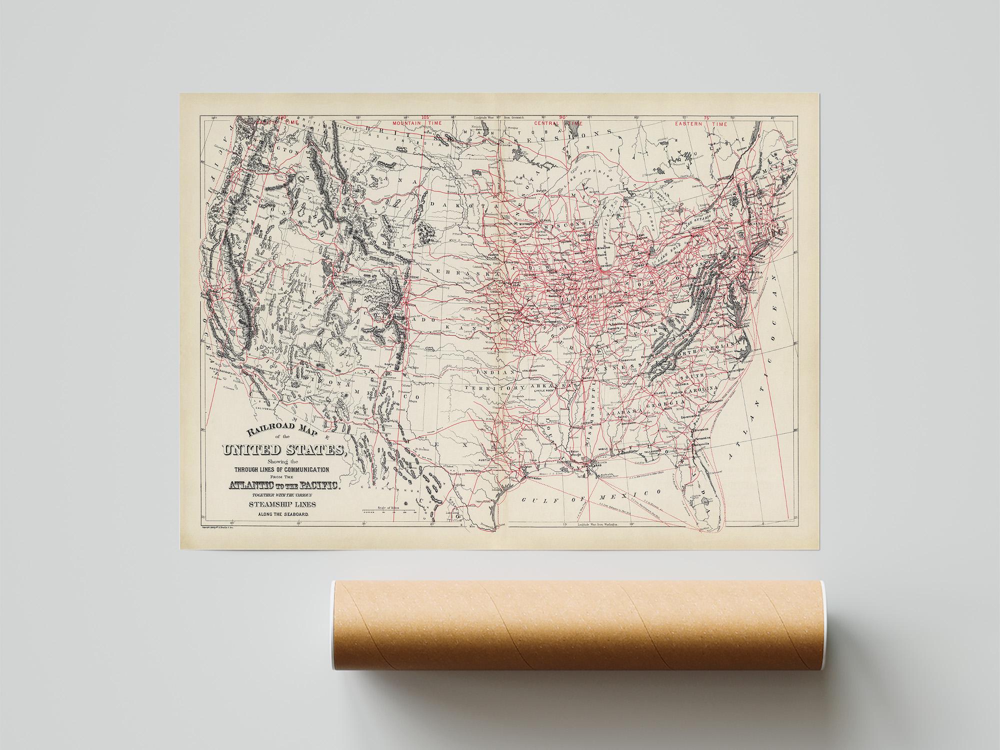 Vintage Railroad Map of the United States Print Retro US Railway Poster ...
