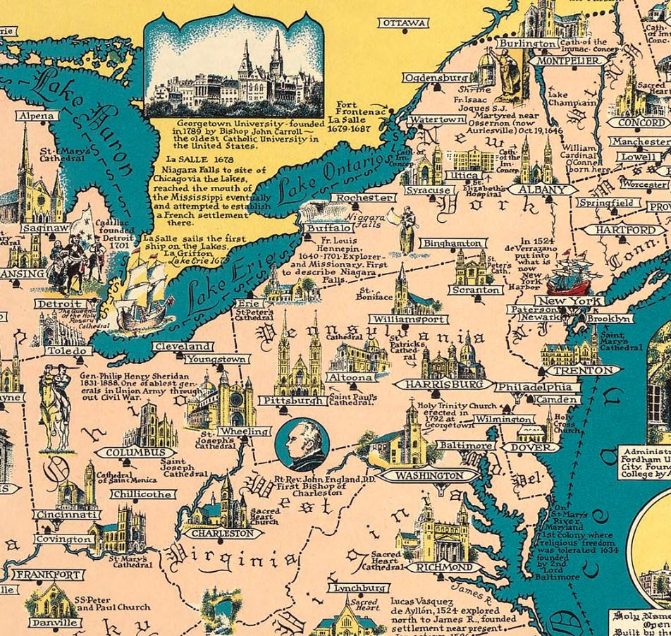 Vintage Catholic America Map Print - Historical Religious US History ...
