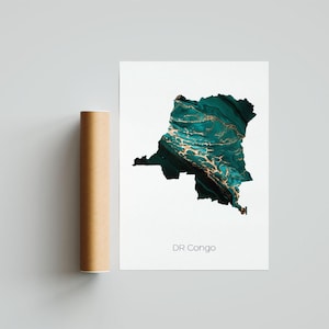 Affiche imprimée carte de la RD Congo Art de la RD Congo Carte de voyage de la RD Congo Impression de la RD Congo Congo-Kinshasa Peinture de la RD Congo Impression cadeau - Sans cadre
