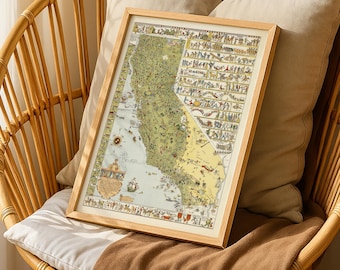 California Original Vintage Pictorial Map (small/index Card Size