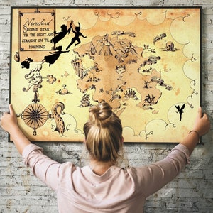 Affiche imprimée de carte fantastique de Neverland Cadeau de Noël Cartes fantastiques Art mural pour chambre d'enfant - Sans cadre