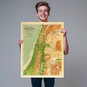 Impresión de mapa antiguo de Palestina: geografía física y sitios identificados de la década de 1920, recuadro de la antigua Jerusalén, decoración mural histórica