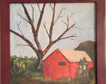 Vintage Original Oil Painting, Signed, Red Barn and Dead Tree, country farm landscape, corn field, framed