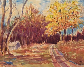 Pittura acquerello originale dell'annata, firmato, percorso di autunno, alberi, foglie, colori dell'autunno, percorso, cottage, arruffati e incorniciata