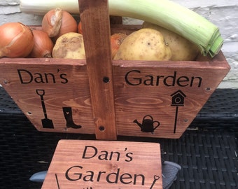 Personalised handmade rustic garden/ display trug with plaque & gloves