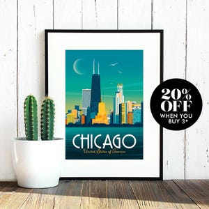 Chicago Travel Poster, Print, Vintage, Illinois, USA, Memento, Souvenir, Gift, Christmas Gift, Poster, Artwork, Decor, Made in the UK