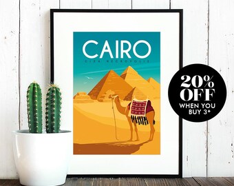 Cairo Egypt Travel Poster, Vintage Style Pyramids of Giza Art Print