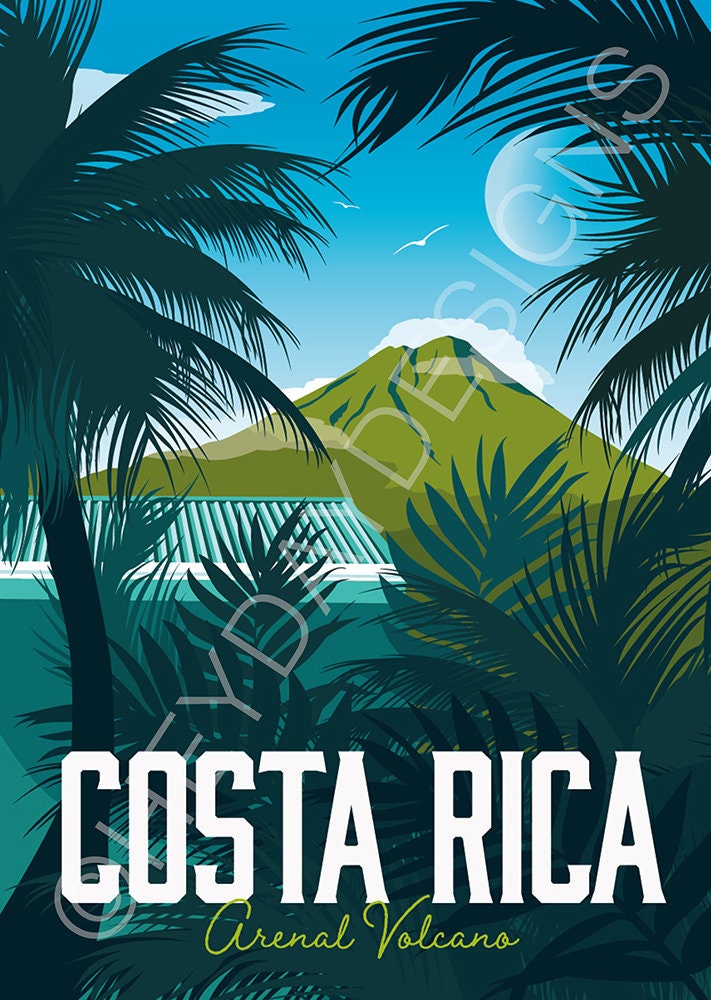 Costa Rica Travel Poster Print Vintage Arenal Volcano Etsy