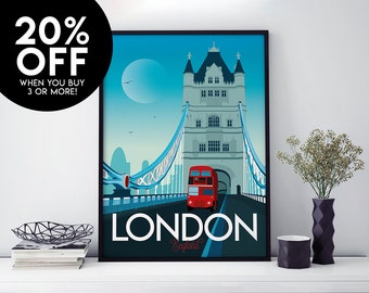 London Travel Poster, Print, Vintage, Britain, Memento, Souvenir, Gift, Tower Bridge, Poster, Artwork, Illustration, England, Made in the UK