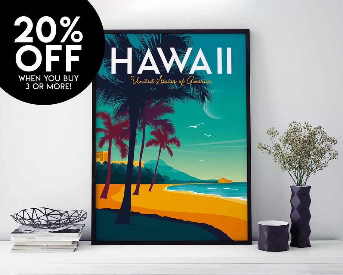 Hawaii Travel Poster Print Vintage Honolulu Waikiki Beach | Etsy