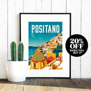 Positano Travel Poster, Amalfi Coast, Print, Vintage, Memento, Sorrento, Gift, Italy, Romantic, Poster, Artwork, Home Decor, Made in the UK