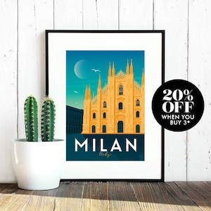 Milan Travel Poster, Print, Vintage, Memento, Souvenir, Gift, Italy, Romantic, Poster, Art, Artwork, Digital Art, Decor, Made in the UK