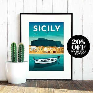 Sicily Travel Poster, Print, Vintage, Memento, Souvenir, Gift, Italy, Romantic, Poster, Art, Artwork, Digital Art, Decor, Made in the UK