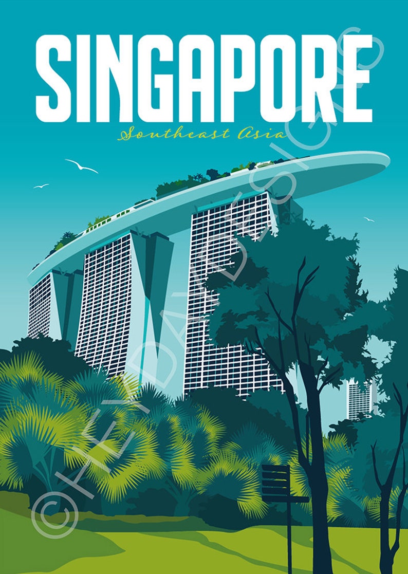 Singapore Travel Poster, Print, Southeast Asia, Vintage, Souvenir, Gift, Poster, Artwork, Digital Art, Travel Illustration, Made in the UK image 2