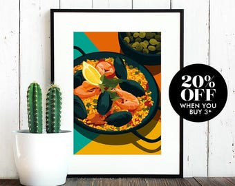 Paella Art Print, Spanish Kitchen Decor, Retro Food Illustration